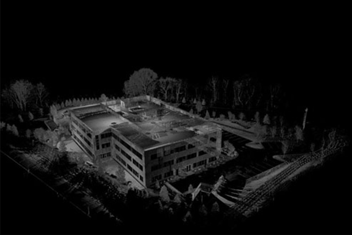 Black, gritty laser scan of Autodesk's headquarters in Waltham
