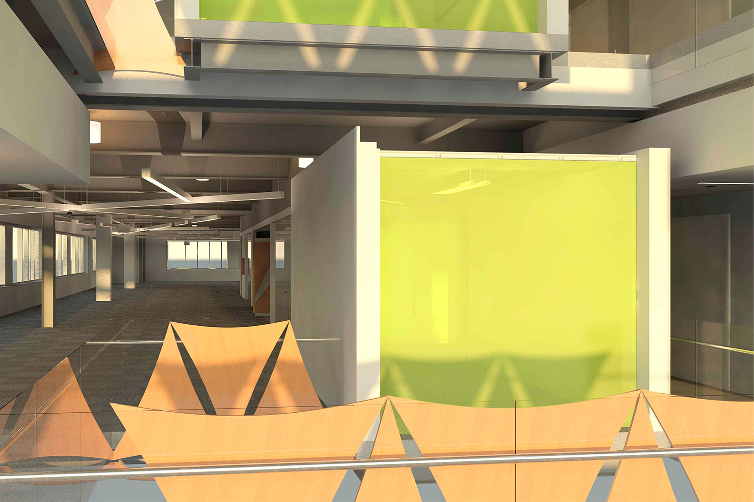 Rendering of Autodesk Headquarters from the VDC team. A "floating" office cubicle is featured in the render, along with bamboo accents.