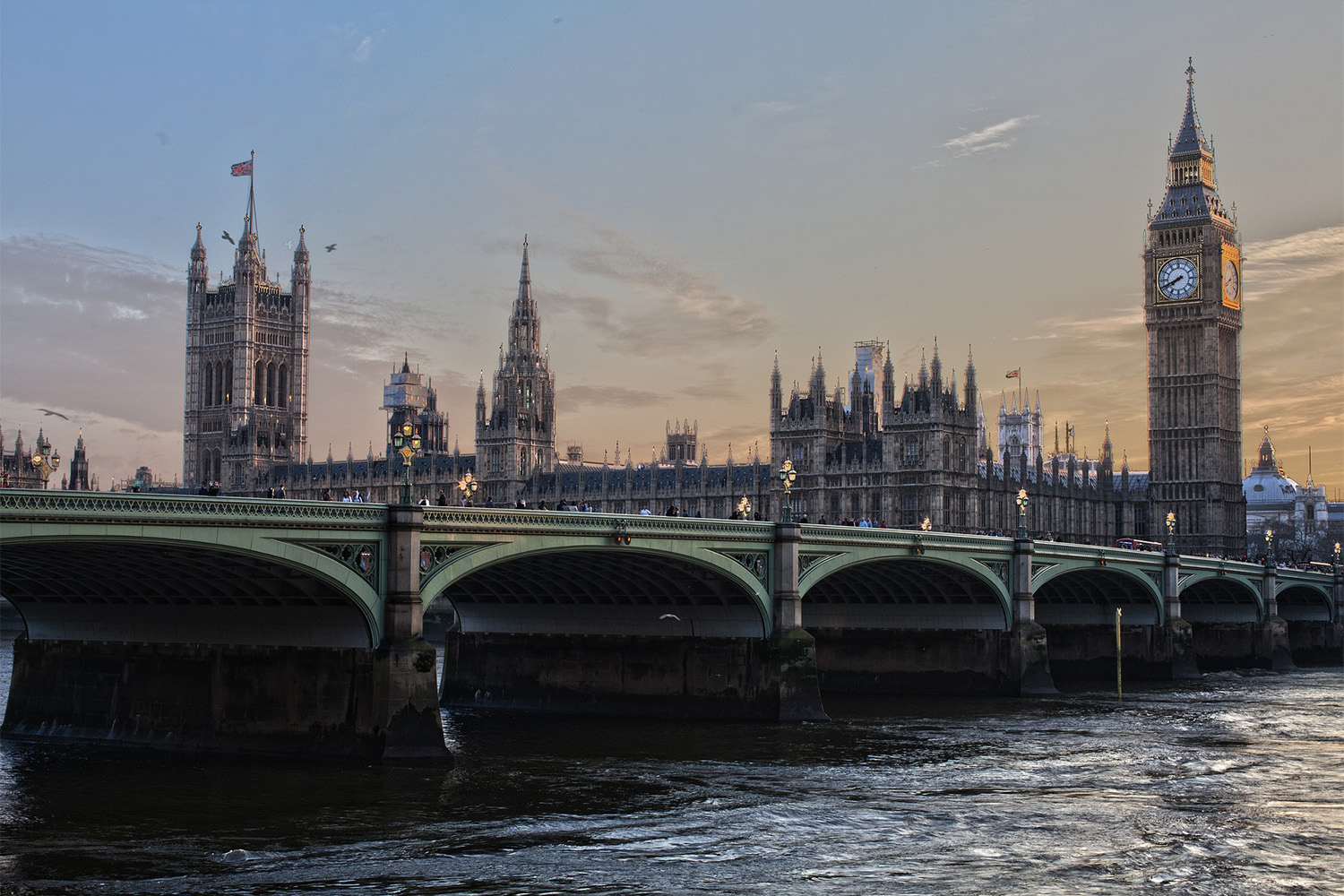 London skyline at dusk, with view of parliament and Big Ben