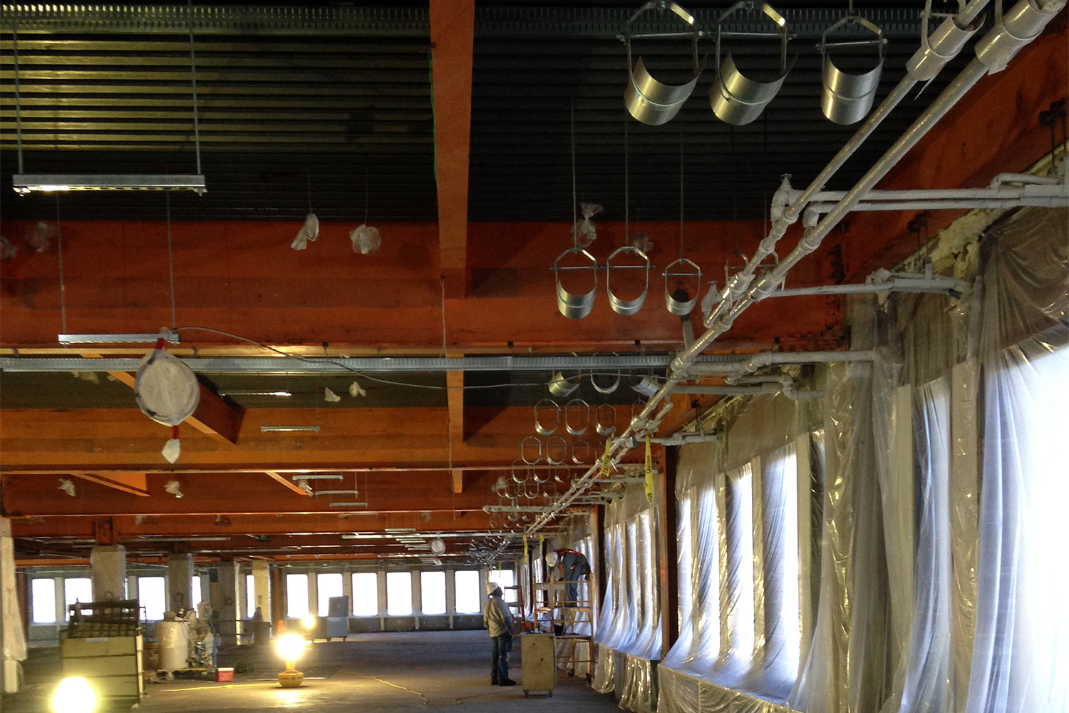 A floor of the Rodino Federal building under construction, with a focus on the ceiling 