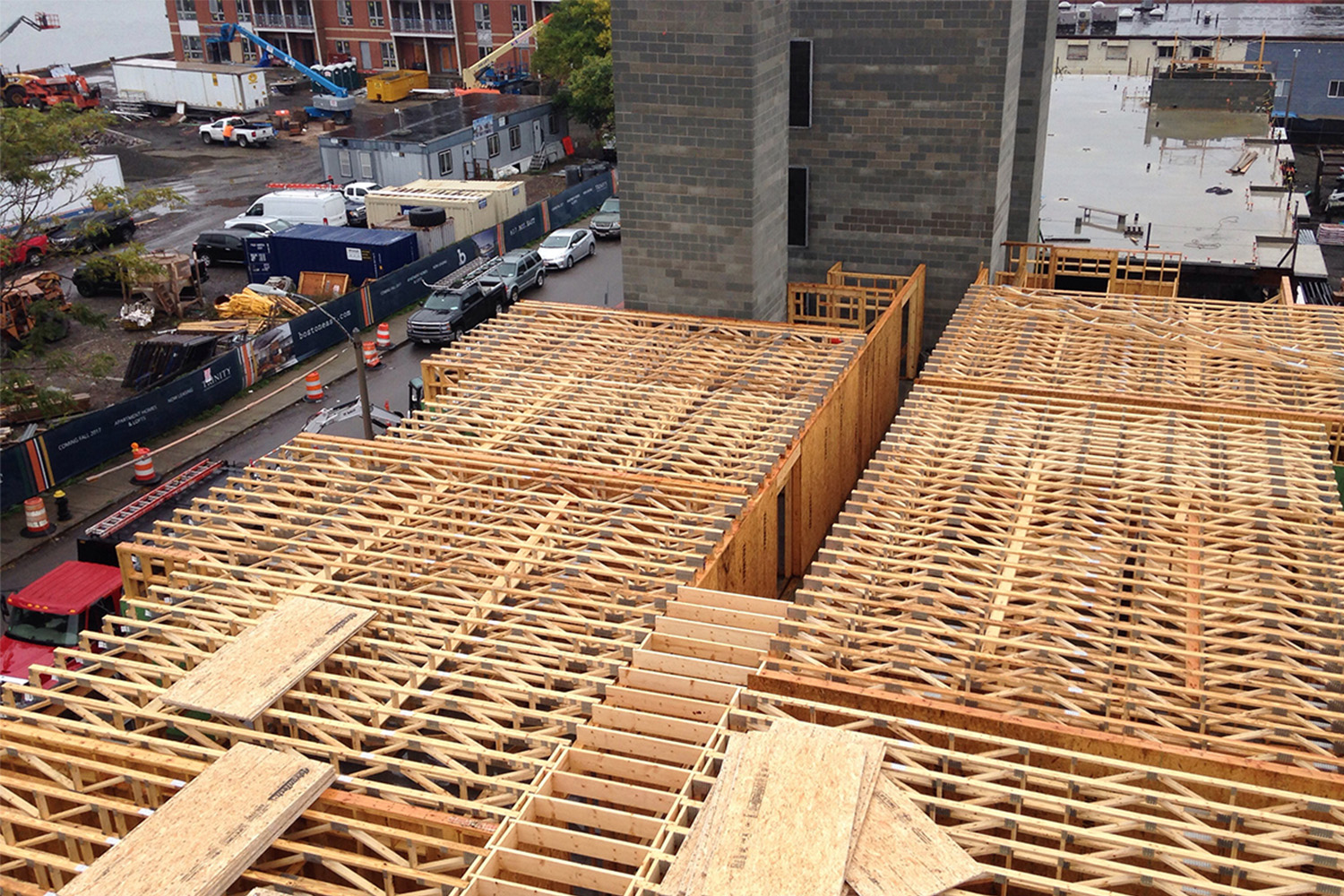 Wooden beams seen from aerial view 
