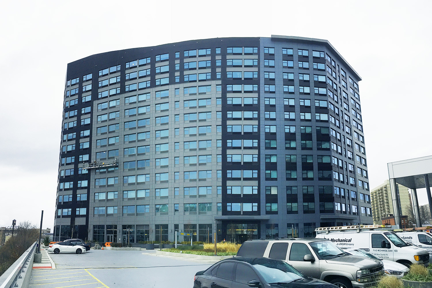 Exterior of 3 Journal Square, seen on a cloudy day