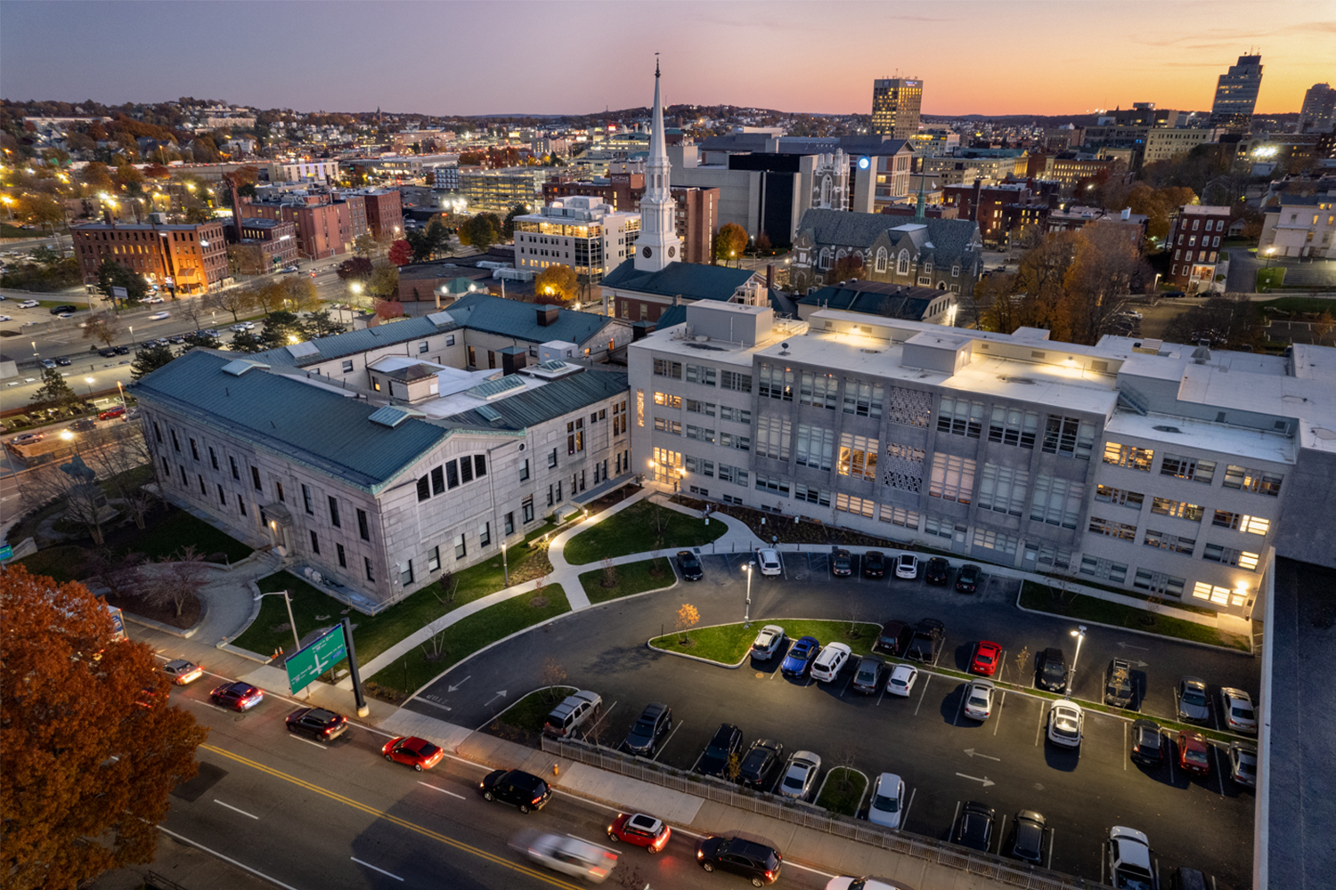 Drone-view of Courthouse Lofts at dusk 
