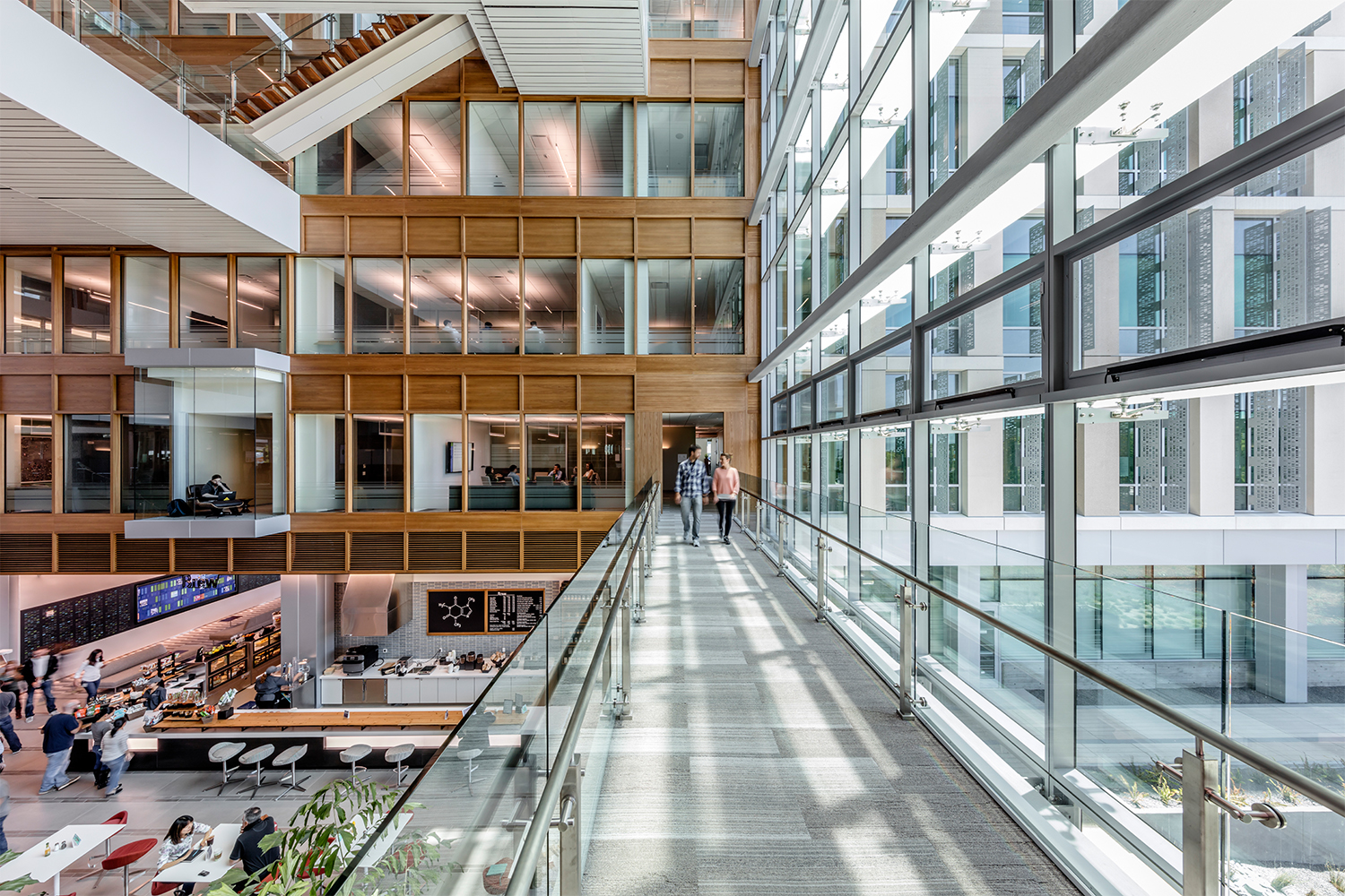 2nd floor hallway, overlooking café area, and view of 3rd and 4th floors 