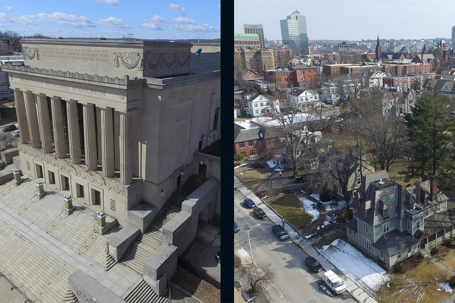 Two Worcester projects - Worcester Memorial Auditorium on left and WPI South Village Expansion on right