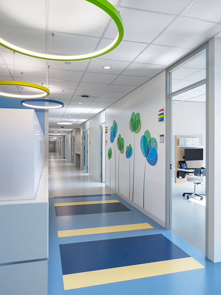 Vertical view of hallway on pediatrics floor at Boston Medical Center