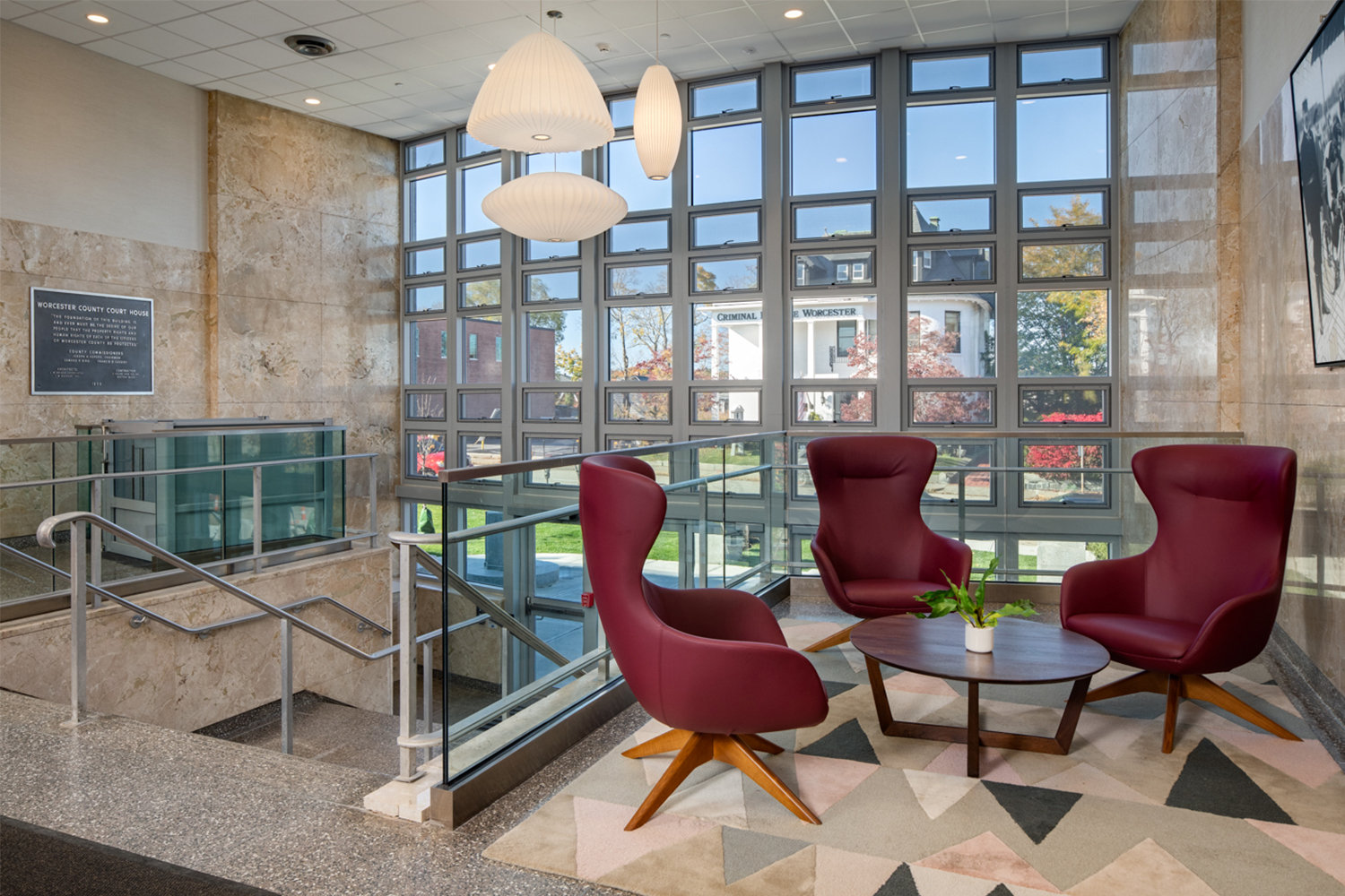 Plush chairs in the lobby of Courthouse Loft's Annex