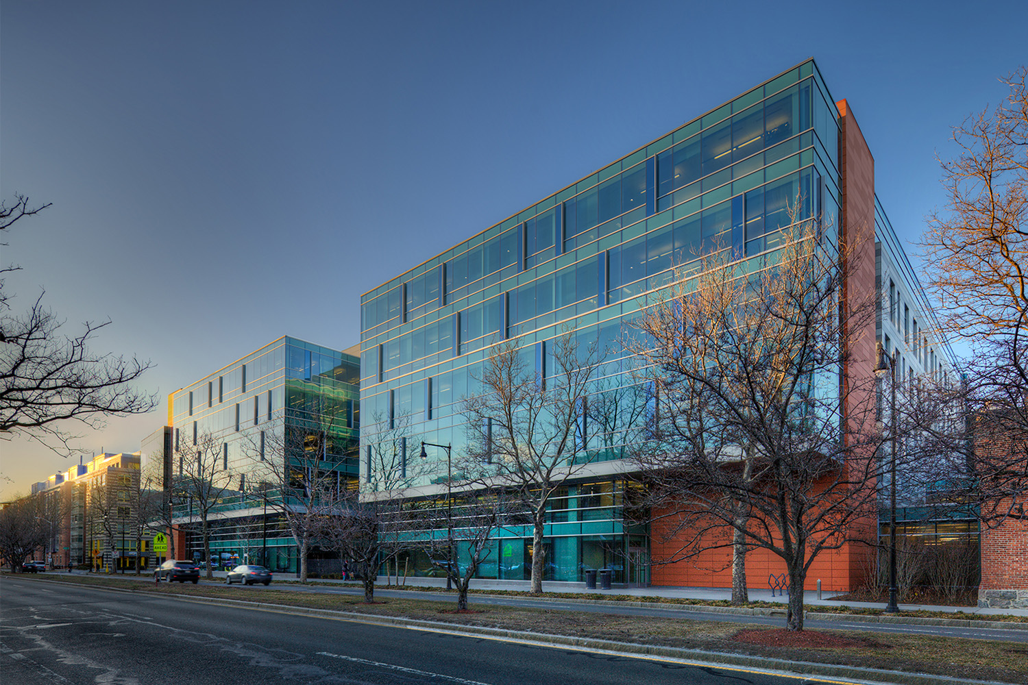 Exterior view of Biogen Headquarters at dusk 