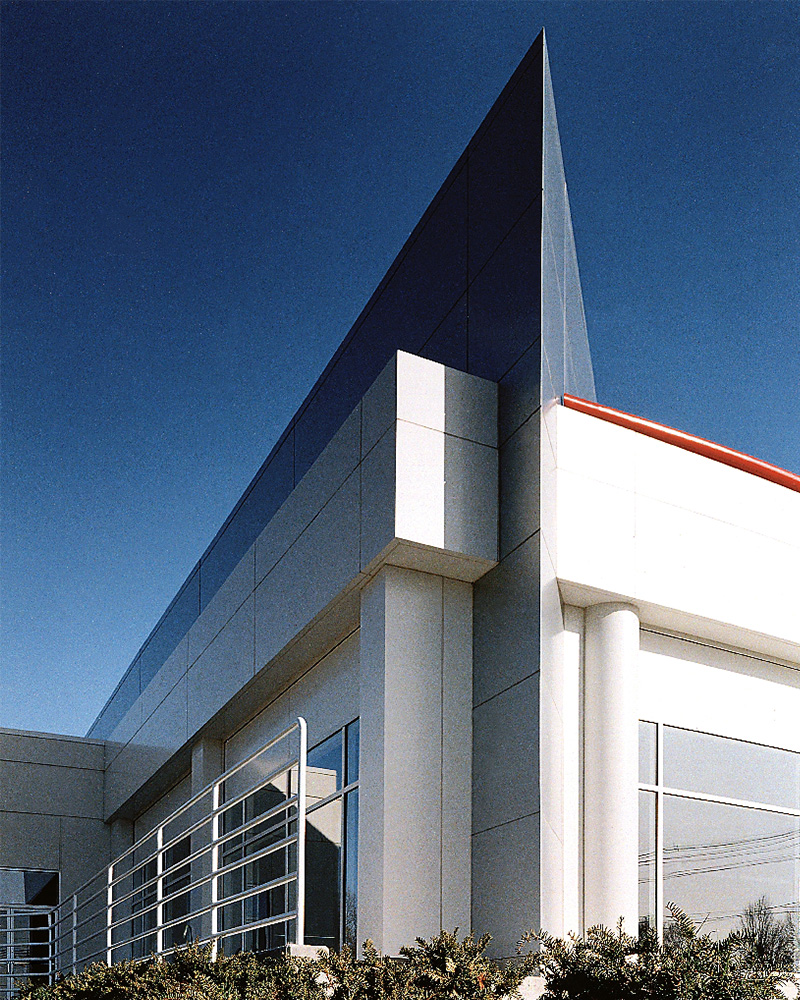 Exterior view of building's bisection seen at an angle 