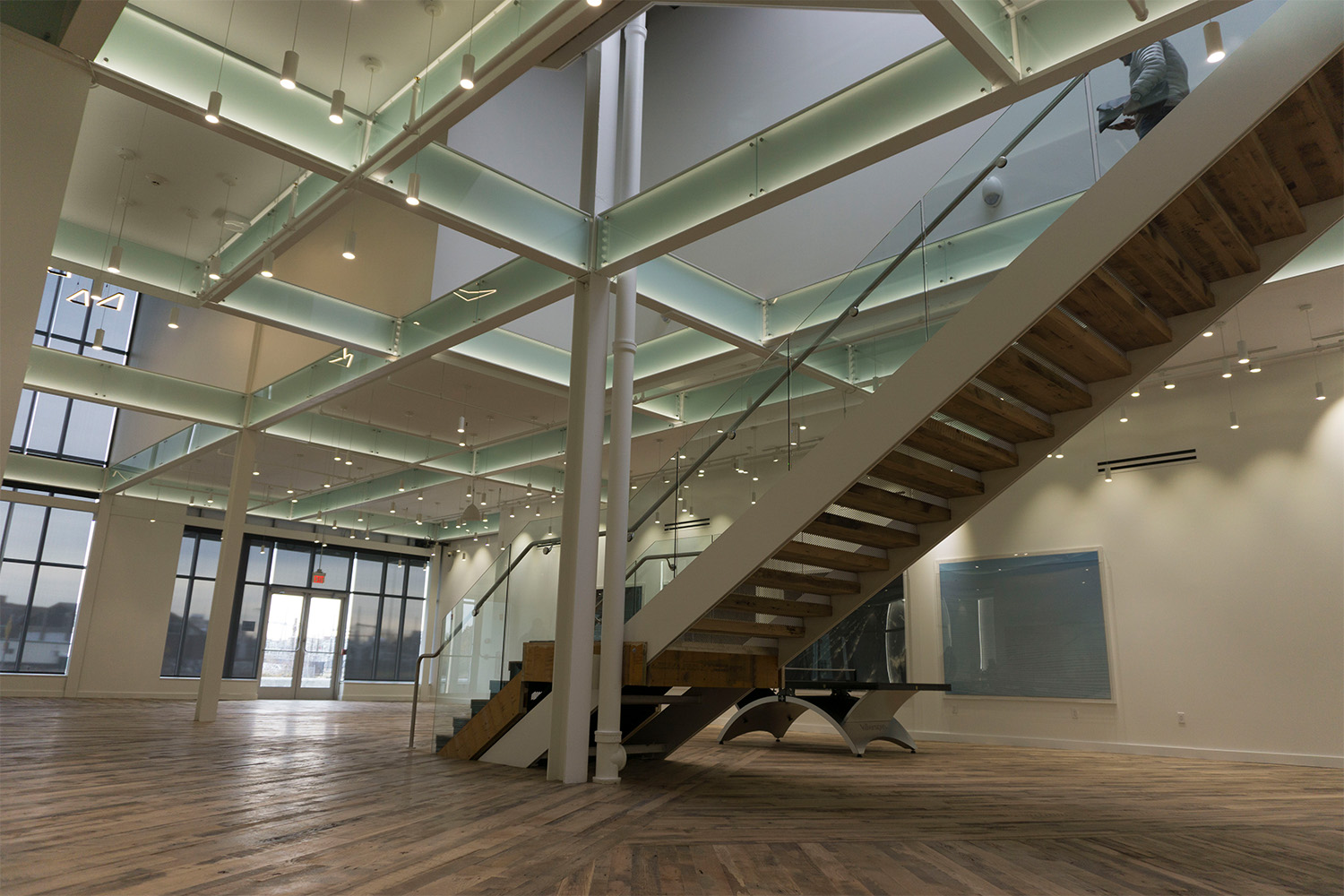 View from under lobby stairwell 