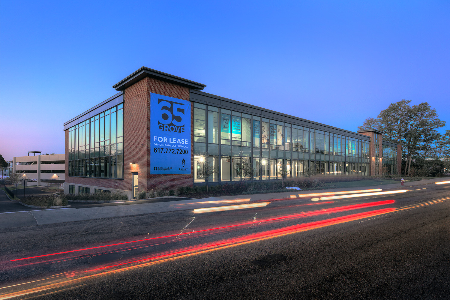 Angled view of front exterior at dusk