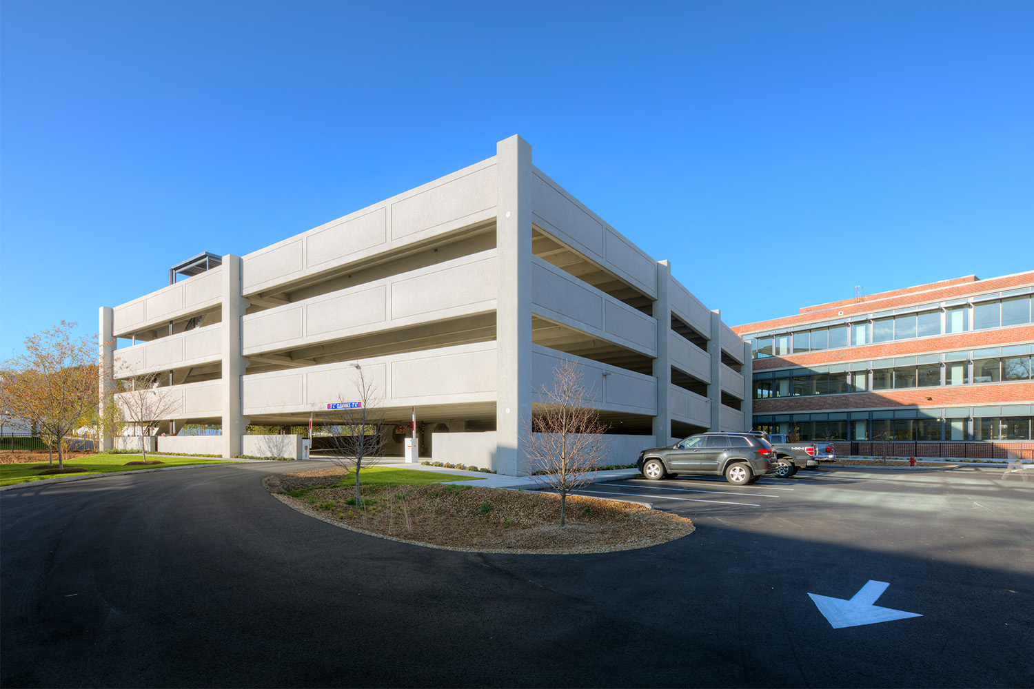 Exterior of parking garage in morning 