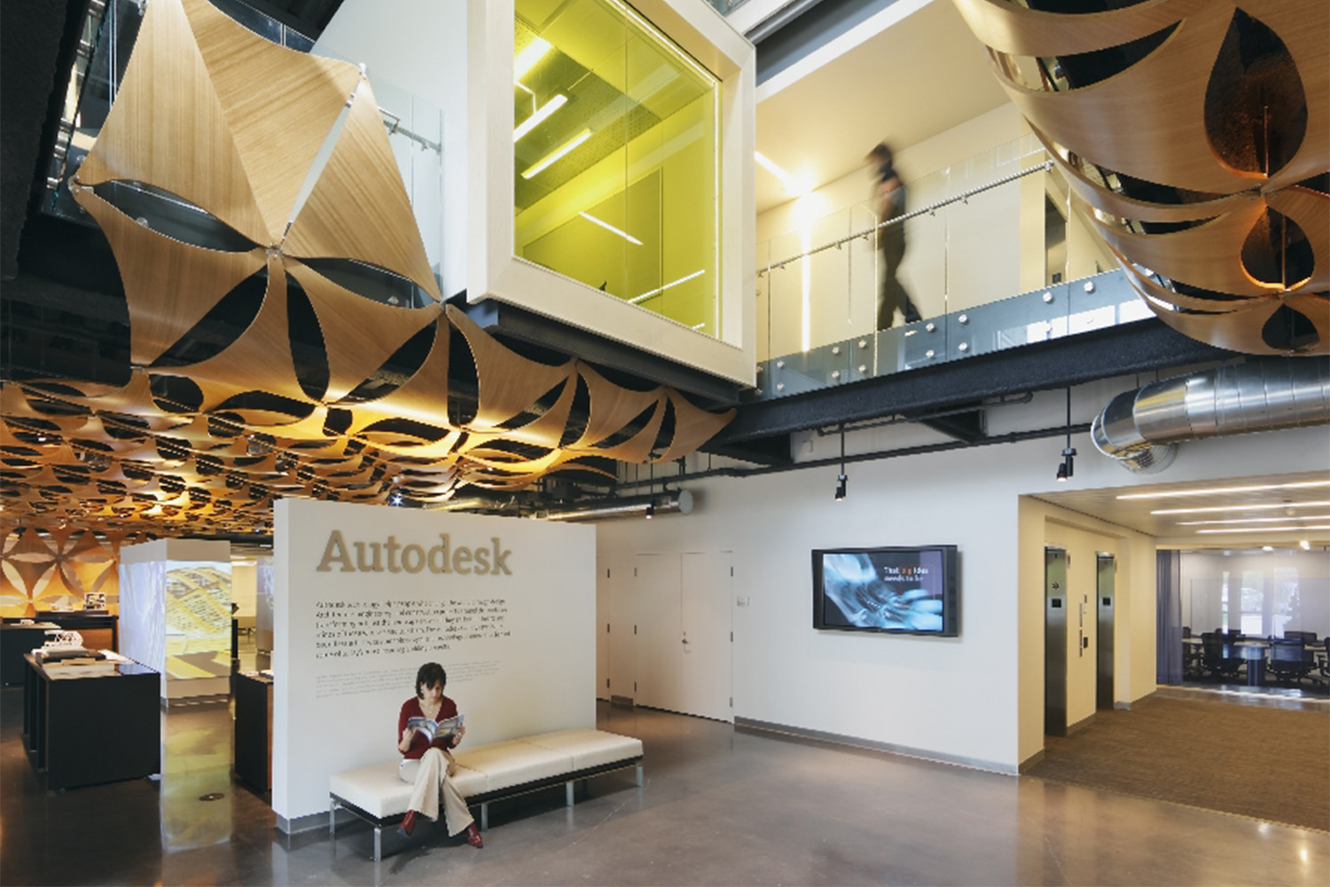 View from lobby entrance: Autodesk sign and view of floating conference rooms 