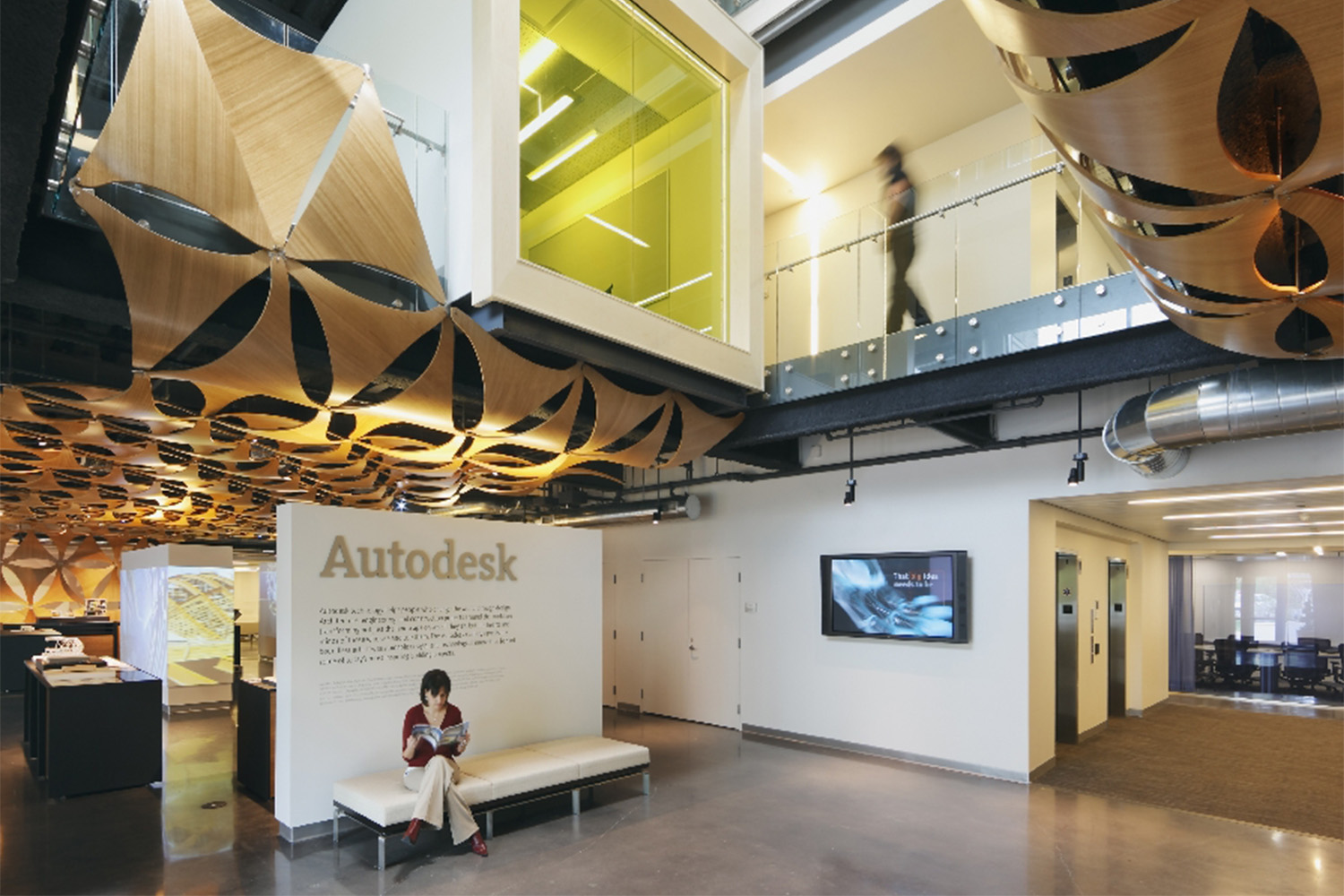 View from lobby entrance: Autodesk sign and view of floating conference rooms