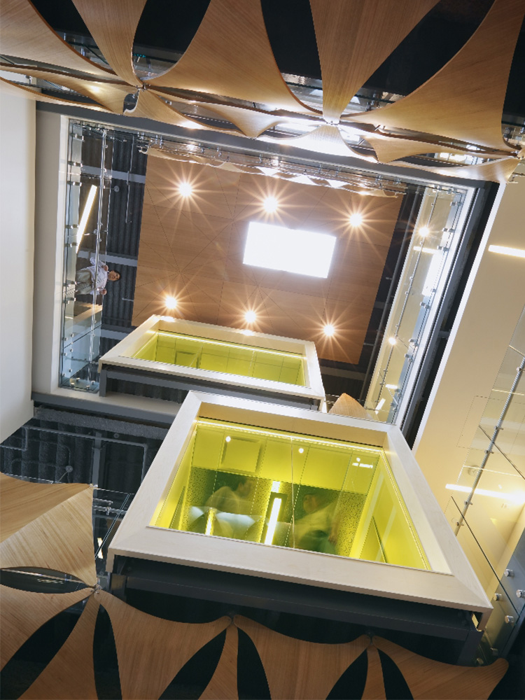 Floating conference rooms as seen from worm's eye view