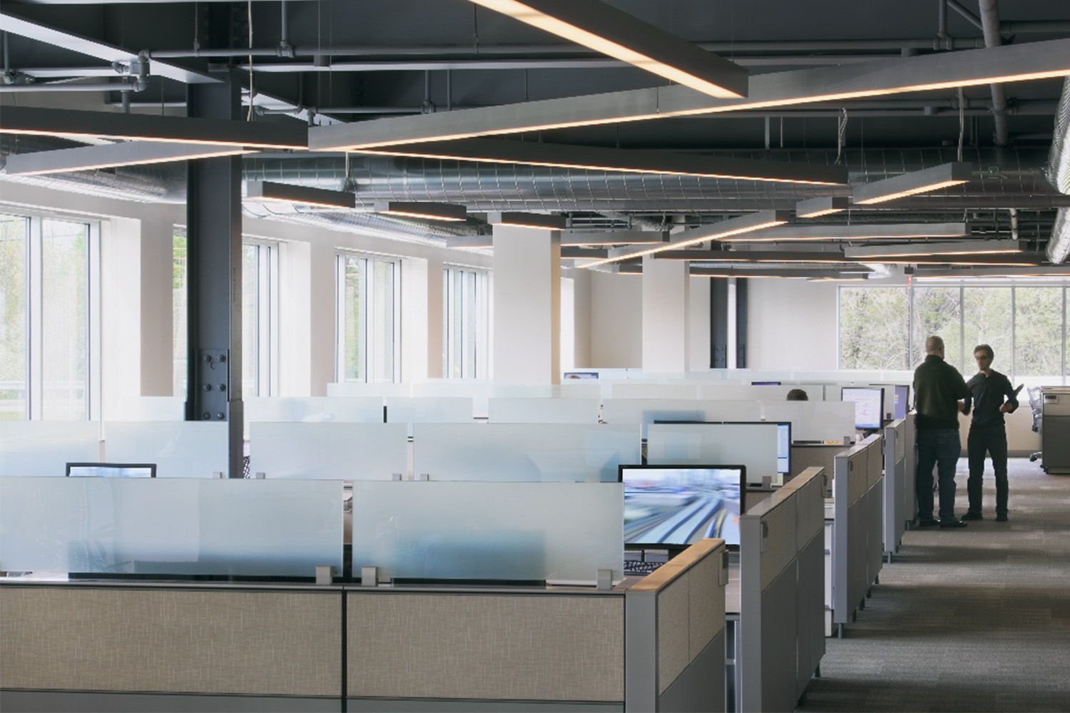 Longview of cubicle offices, next to large windows