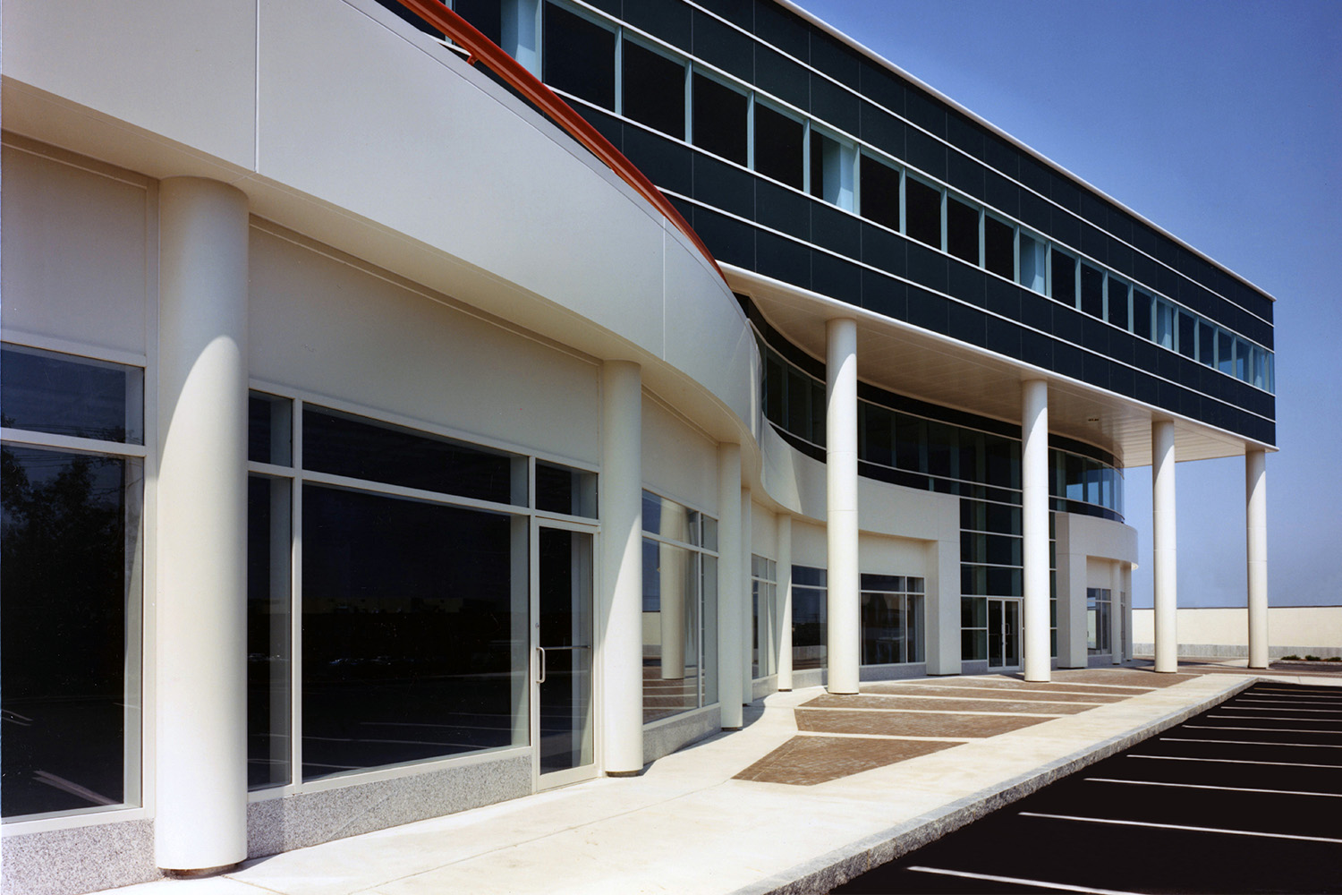 Zoomed-in building exterior, seen at an angle