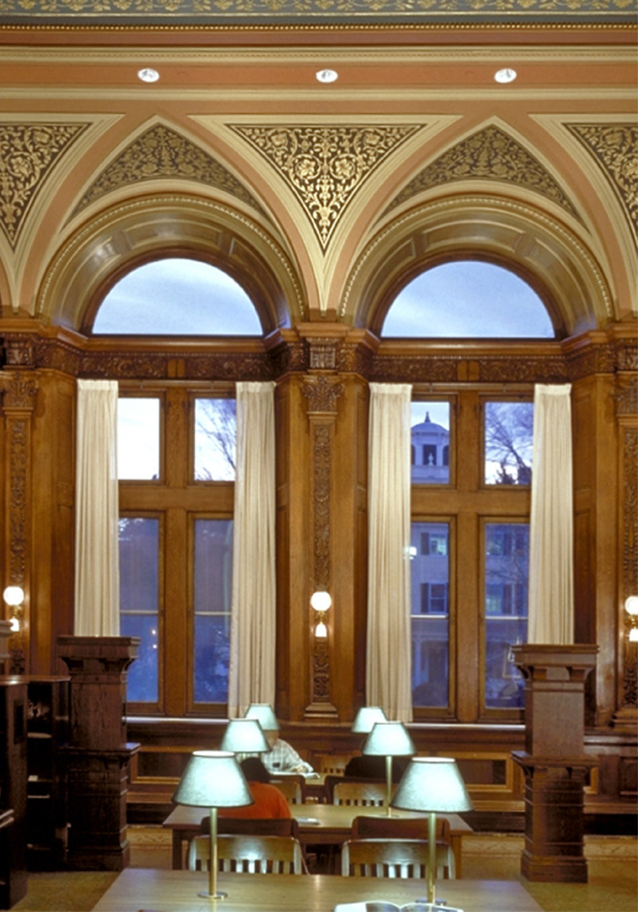 Tall gothic arch windows, with gold inlay detailing