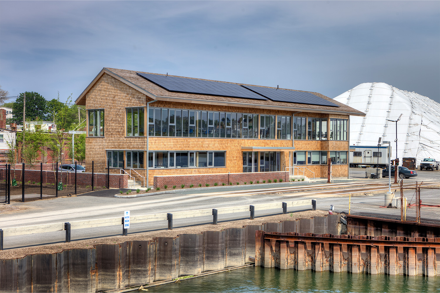 Front exterior as seen from looking across dock