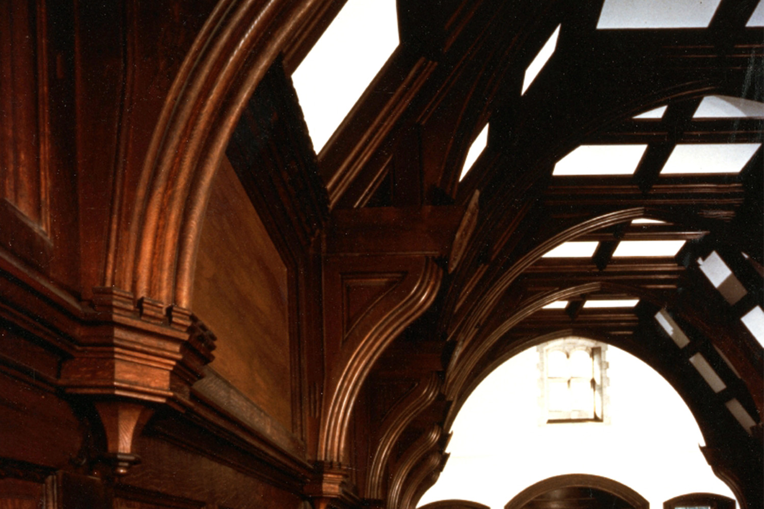 Up-close look into wooden beam ceiling detail 