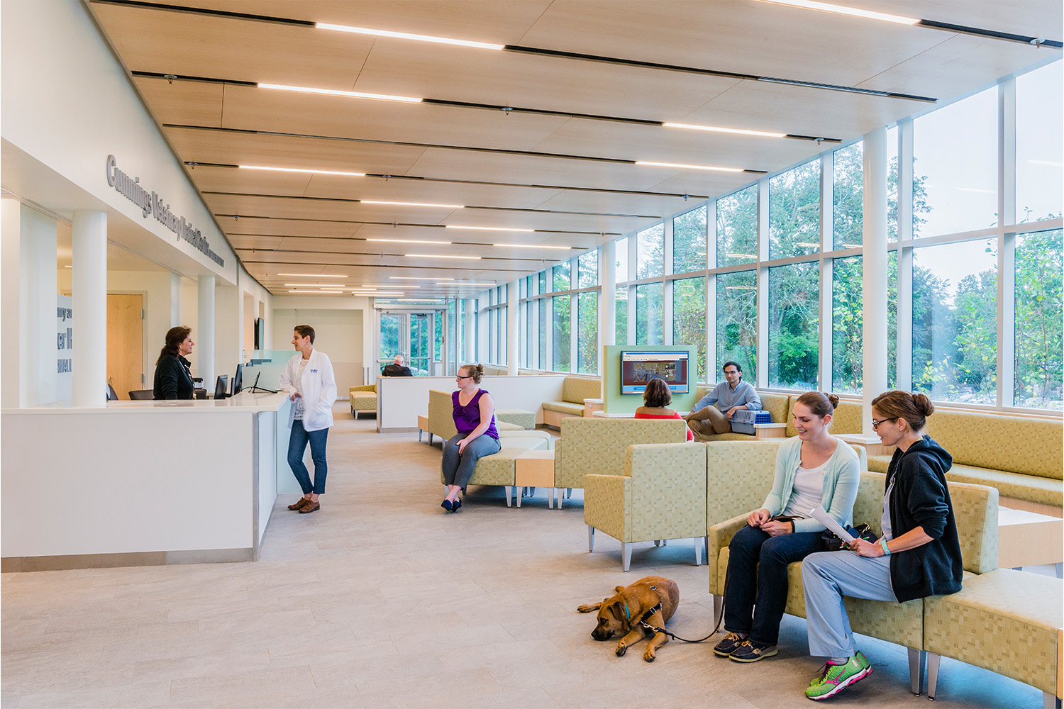 People waiting in lengthy lobby room, with their dog laying down