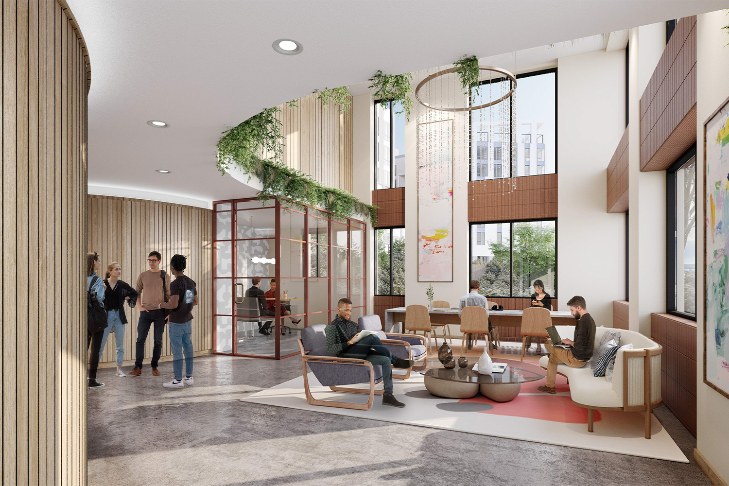 rendering of lobby area, with hanging plants beside massive window 