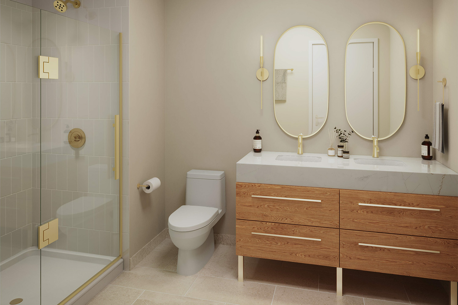rendering of porcelain bathroom with gold details 