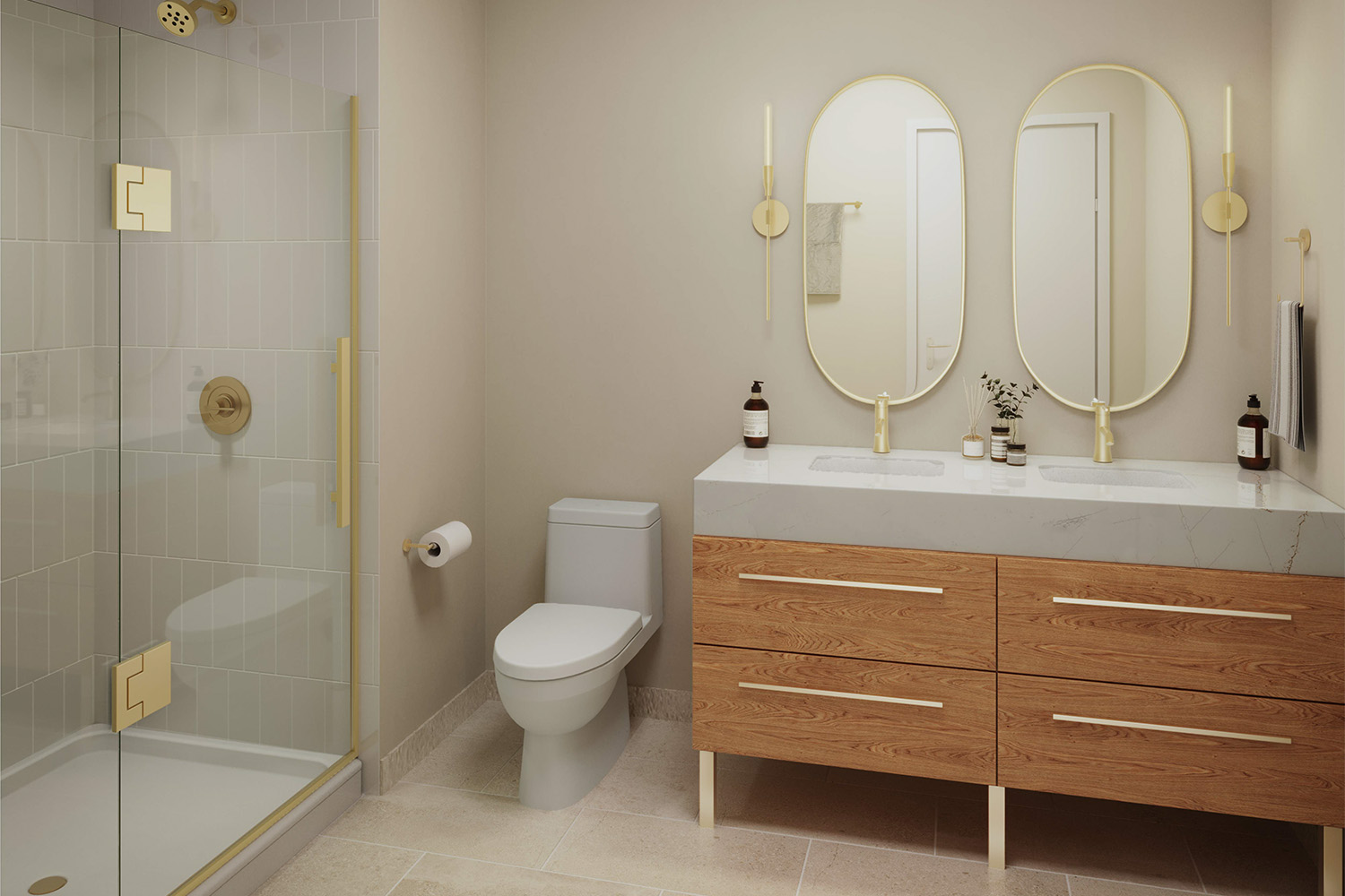 rendering of porcelain bathroom with gold details