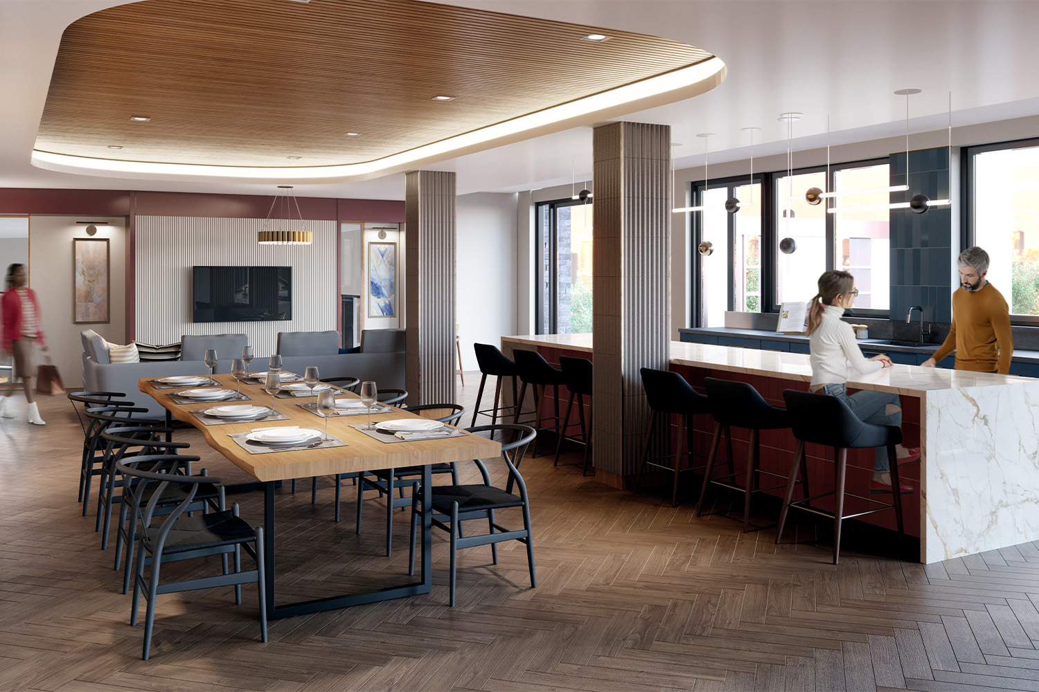 rendering of dining area with modern light fixtures attached to ceiling, next to kitchen area with marble countertops 