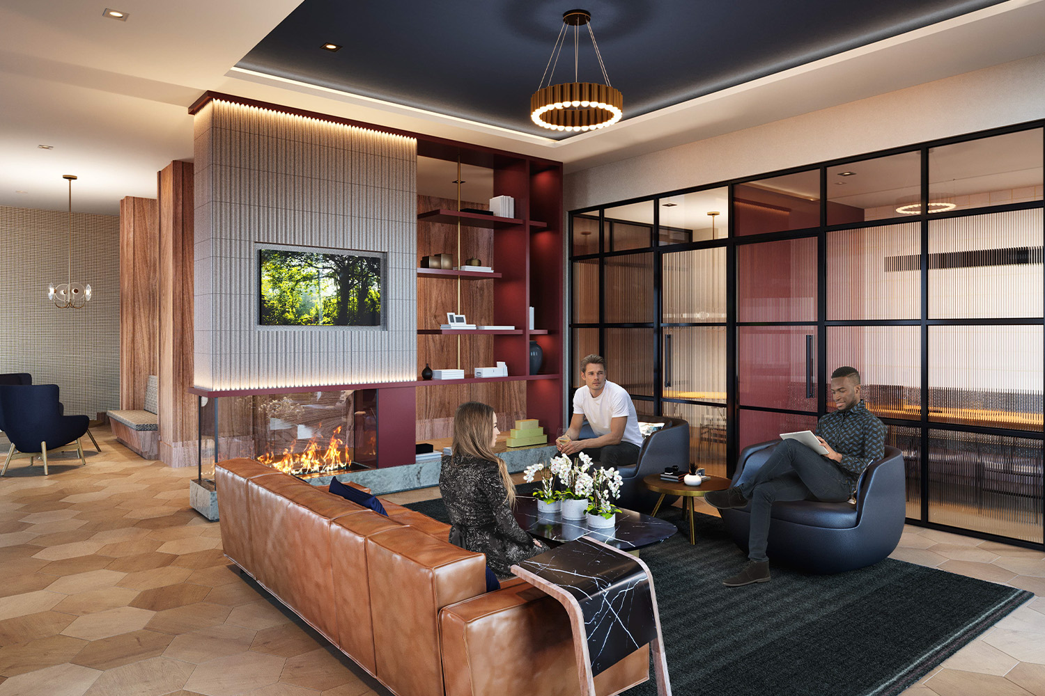 close up rendering of living room area