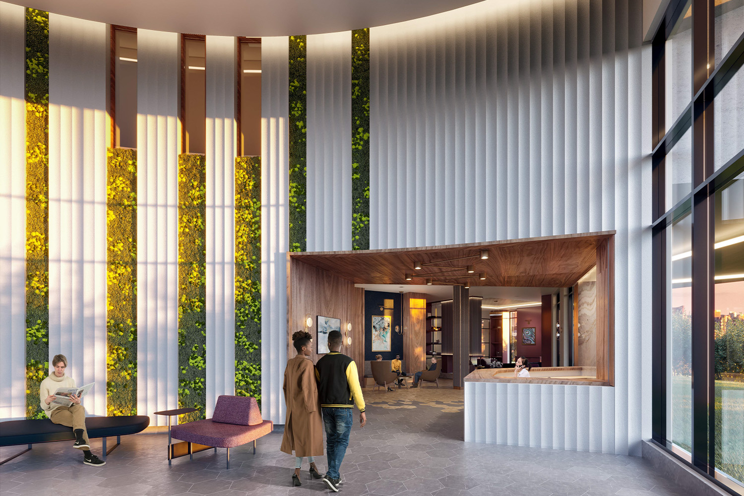 reception area with modern light fixture attached to ceiling 