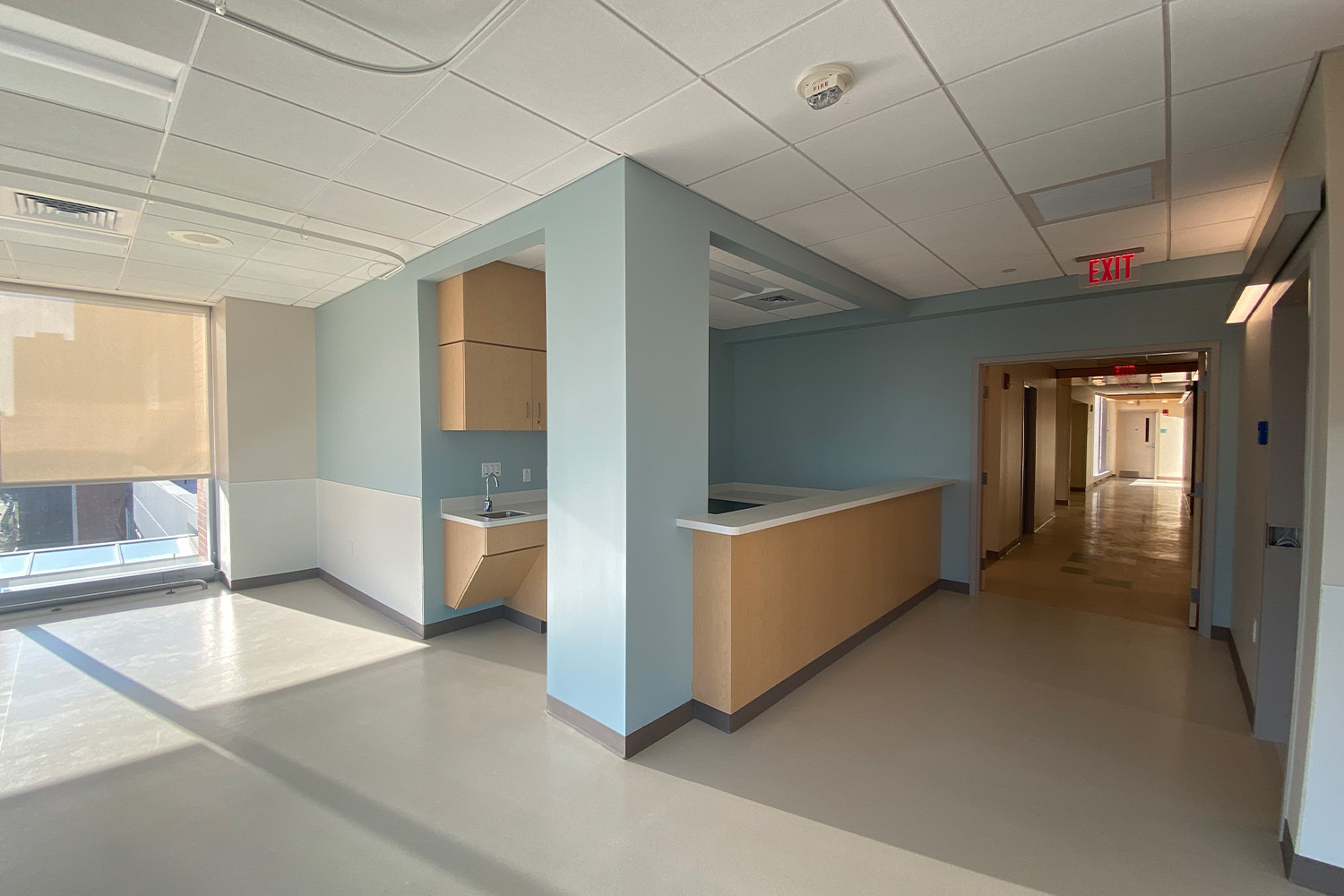 reception area with light blue walls 