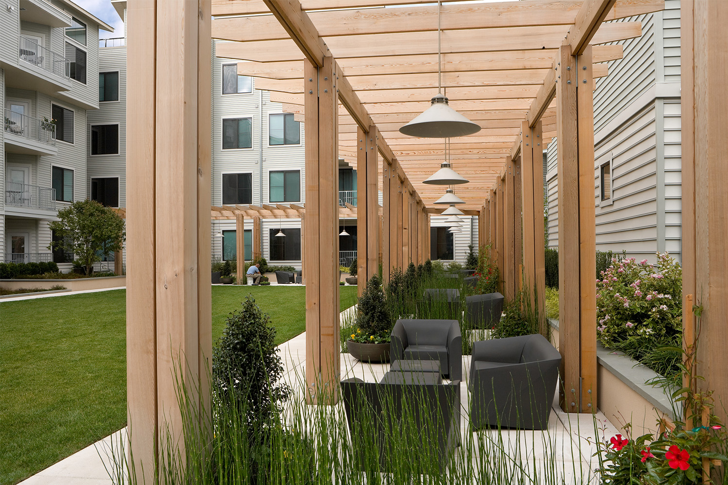 Courtyard with wooden roof and seating