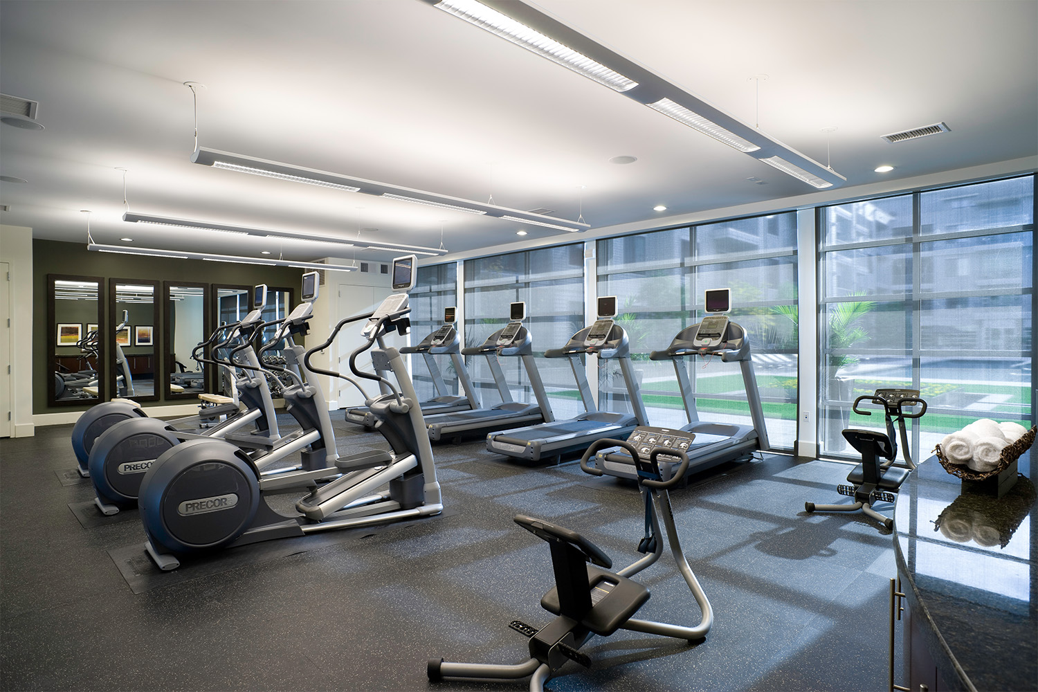 Gym with a row of treadmills and bikes facing central courtyard