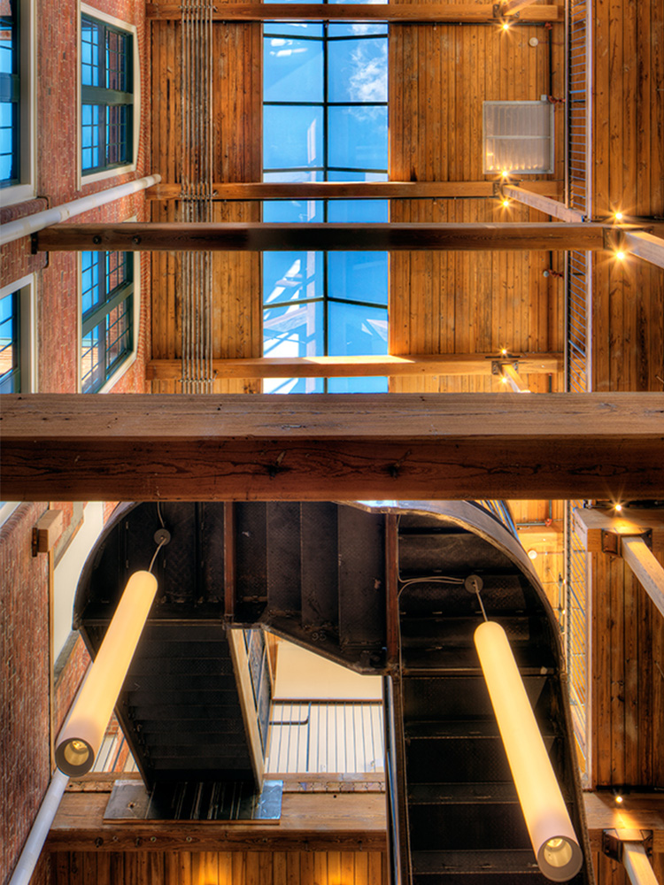 Zoomed-in ceiling detail with wooden beams 
