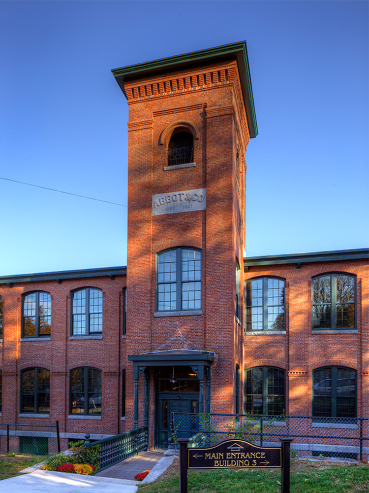 Slanted view of Abbot Mill's front exterior