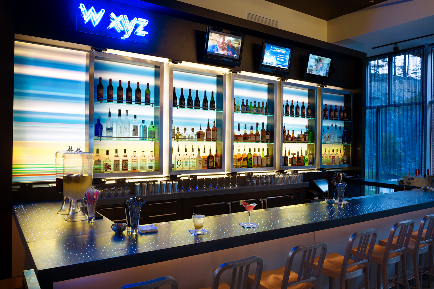 W XYZ bar featured in Aloft building: upscale bar area with LED lighting 