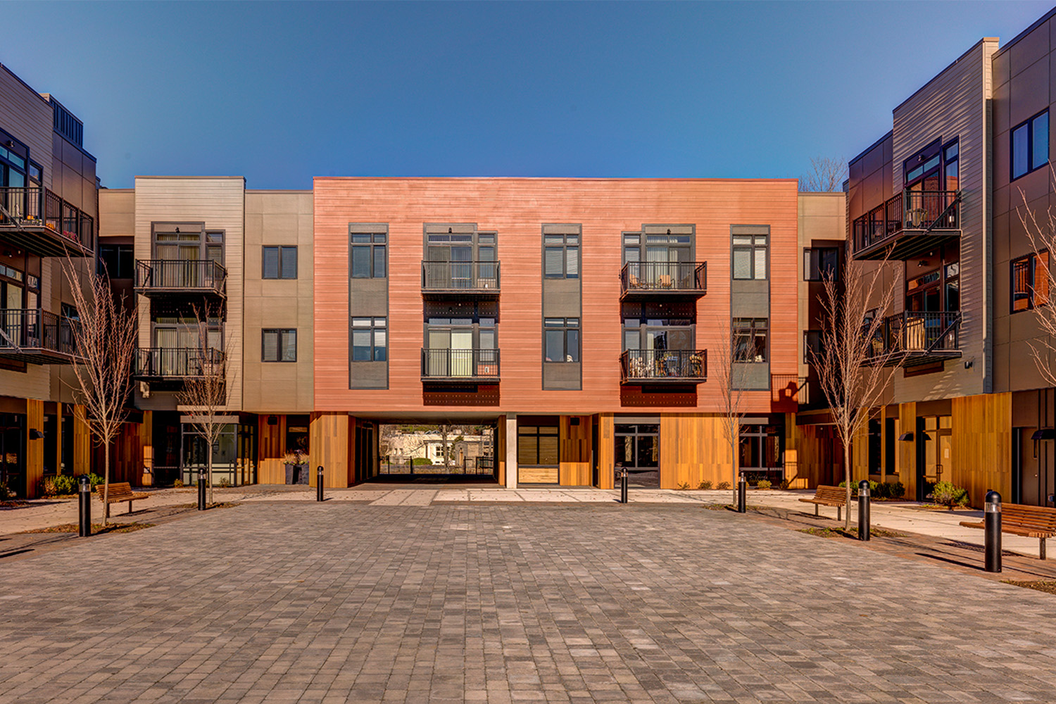 Central courtyard nestled between buildings 