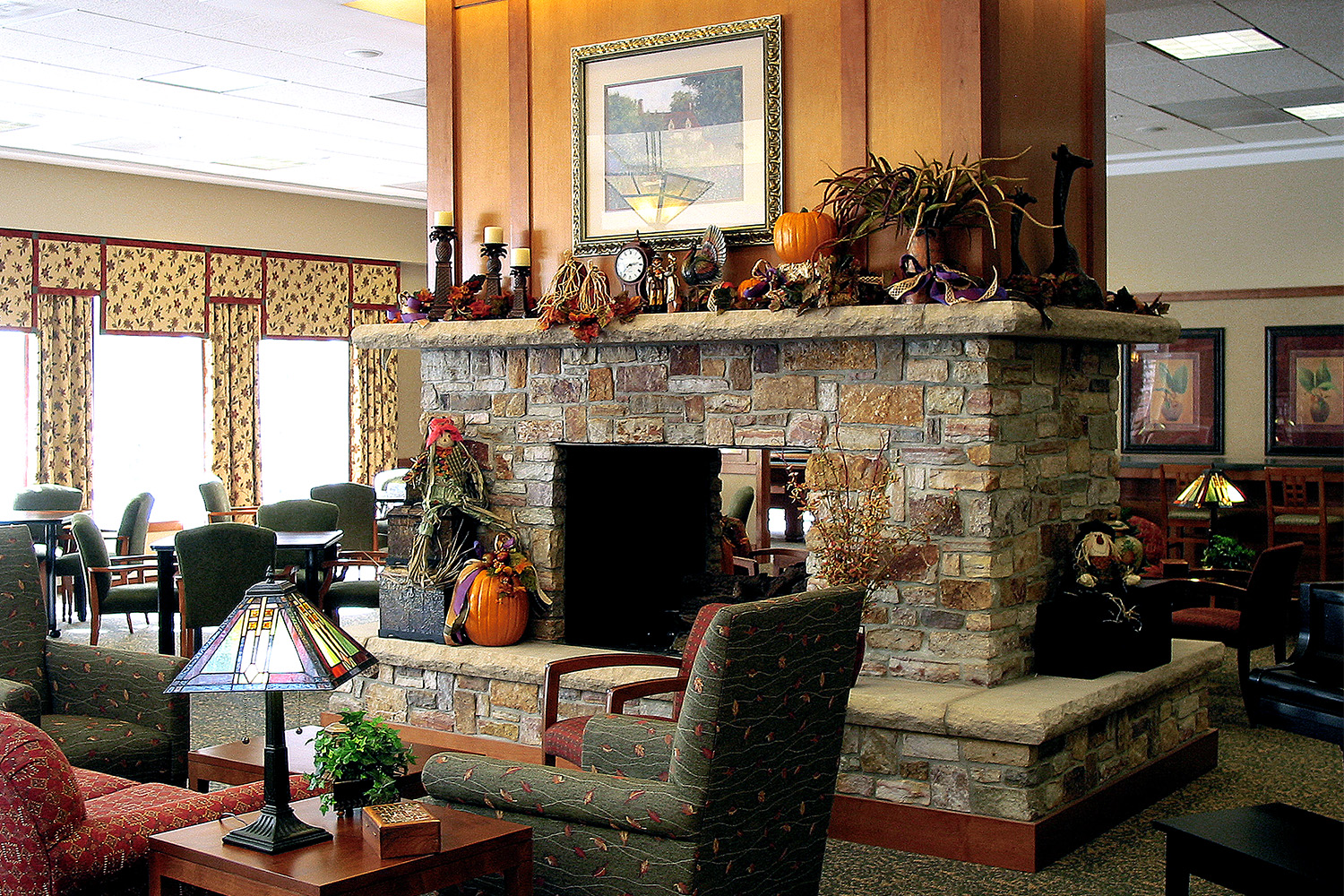 Lobby area with enormous stone fireplace 