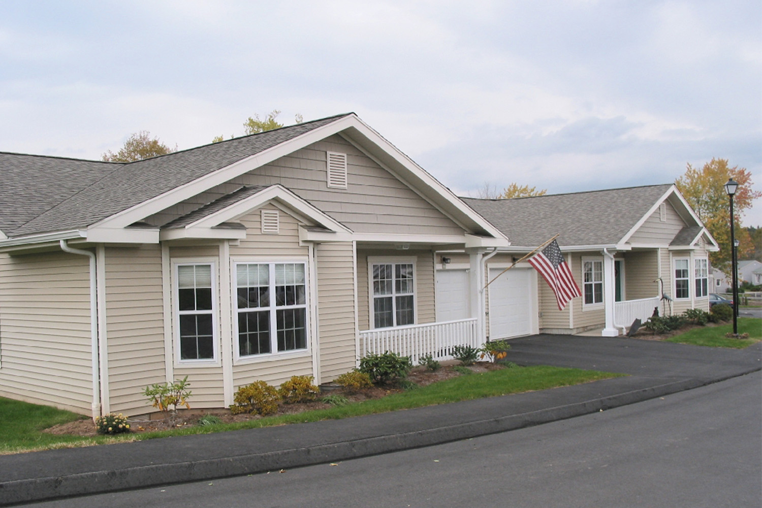 Angled frontal view of duplex cottage 