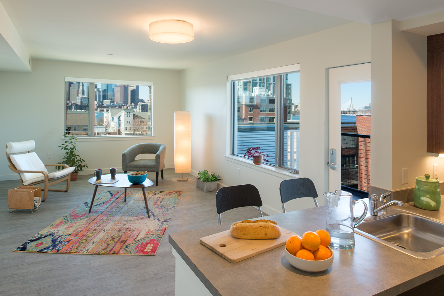 Minimalist kitchen and living room with plentiful lighting 