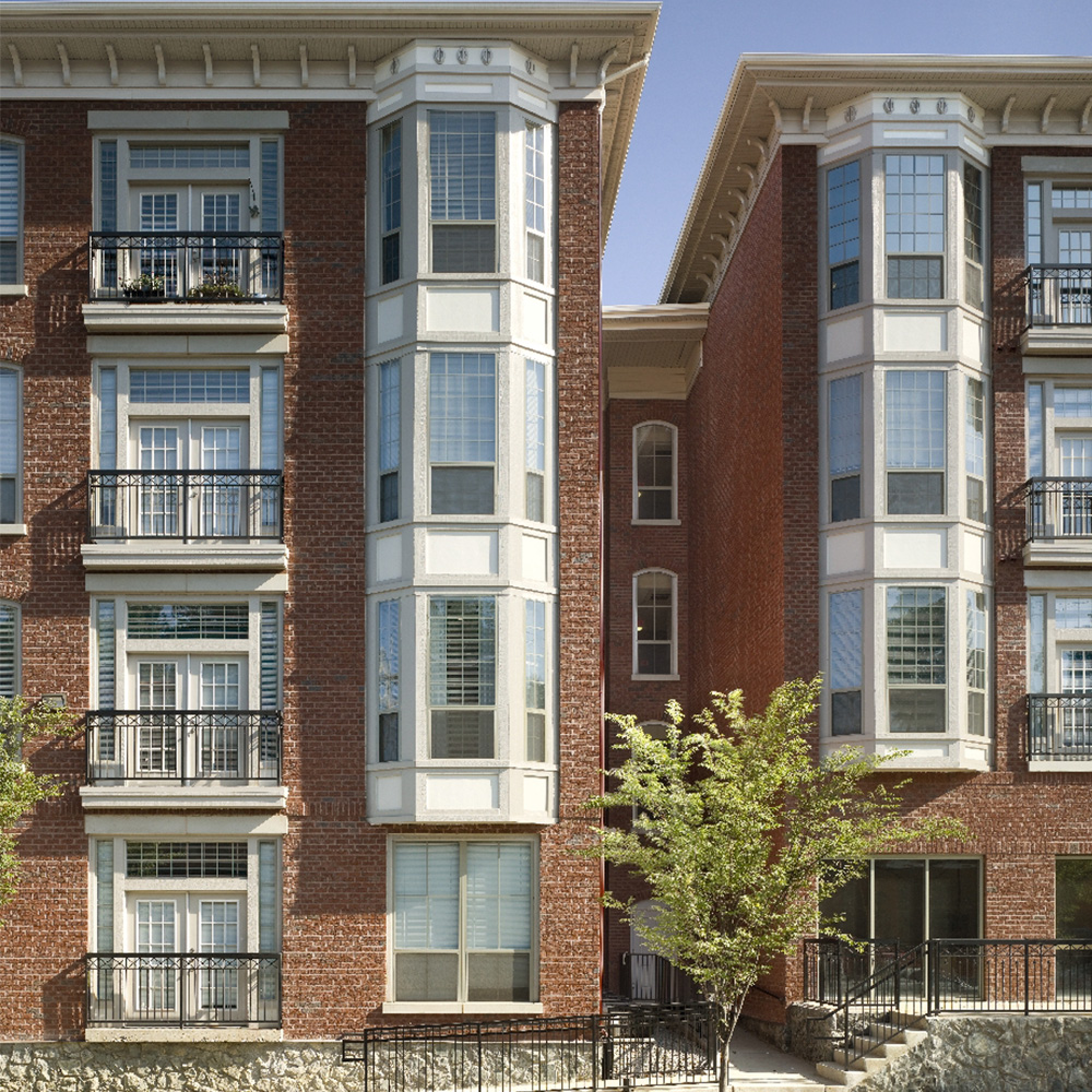 Outside view of Dobson Mill black balconies 