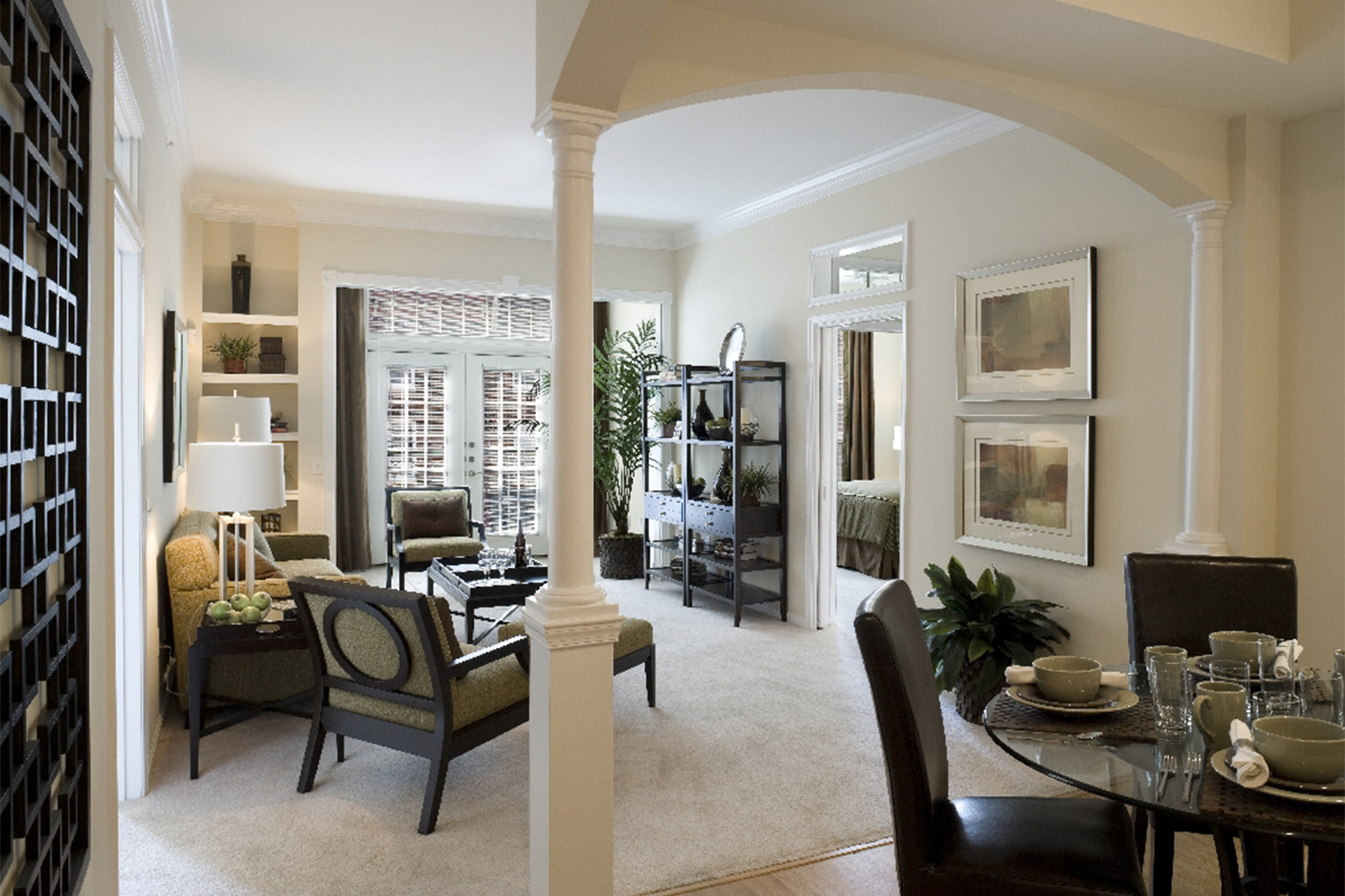 View of living room as seen from dining room, monocolor design 