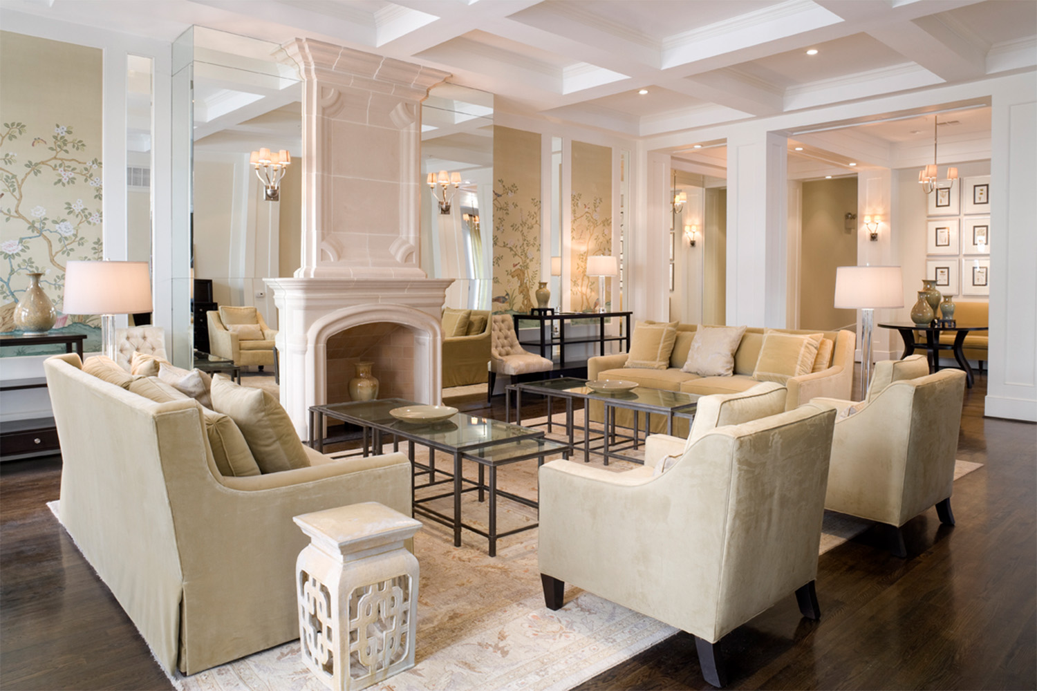 Living room with white detailing and fireplace 