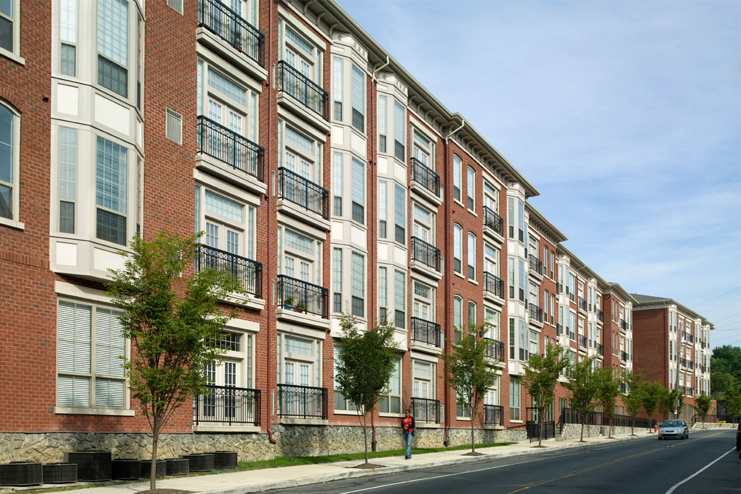 Façade of apartment units, as seen from an angle