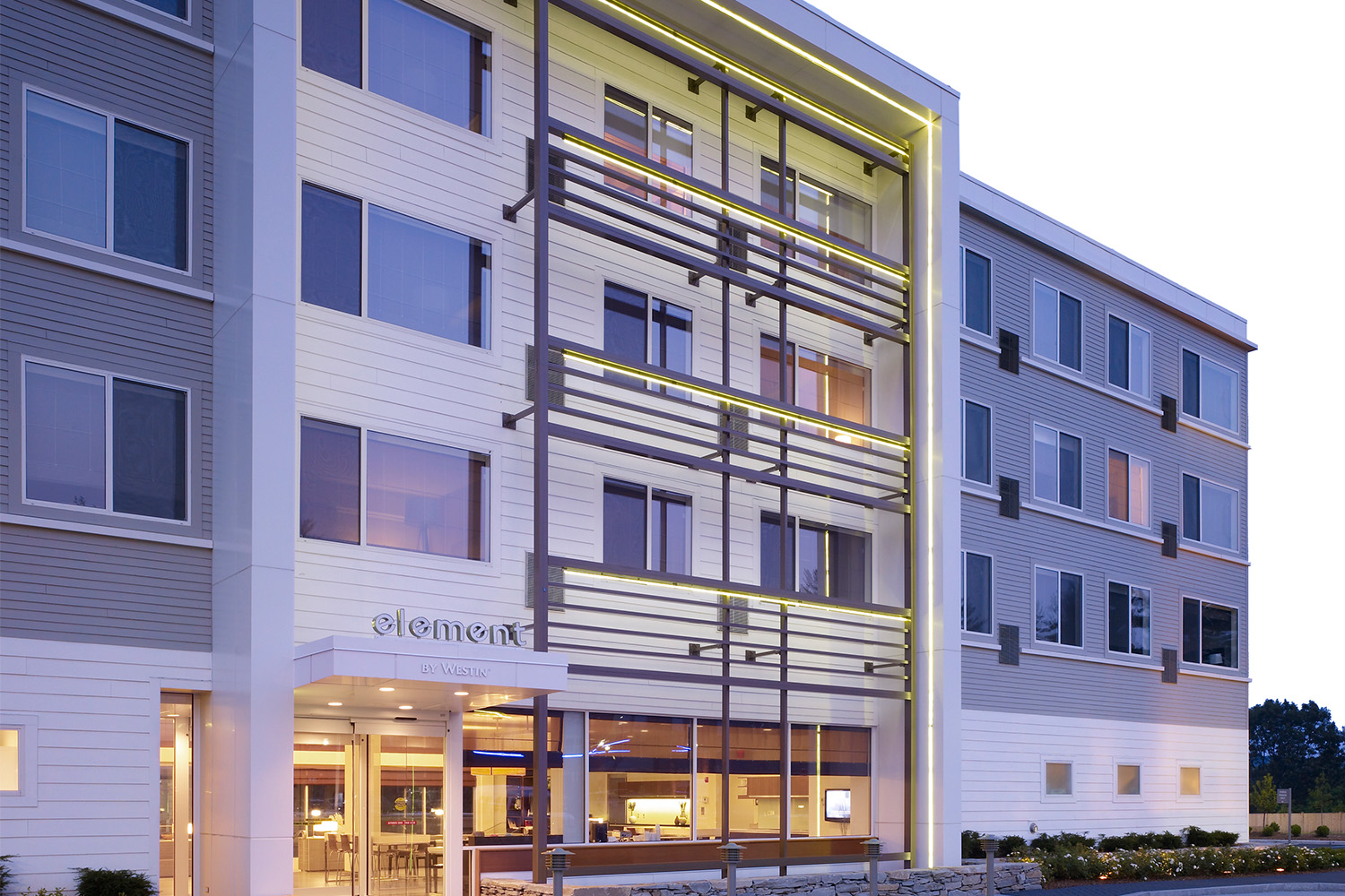 Exterior of Element hotel at dusk 
