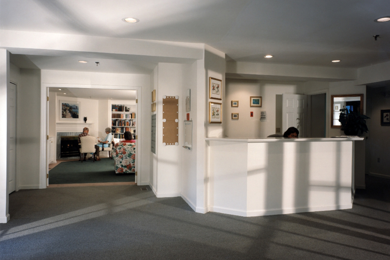Spacious lobby area with large reception desk 