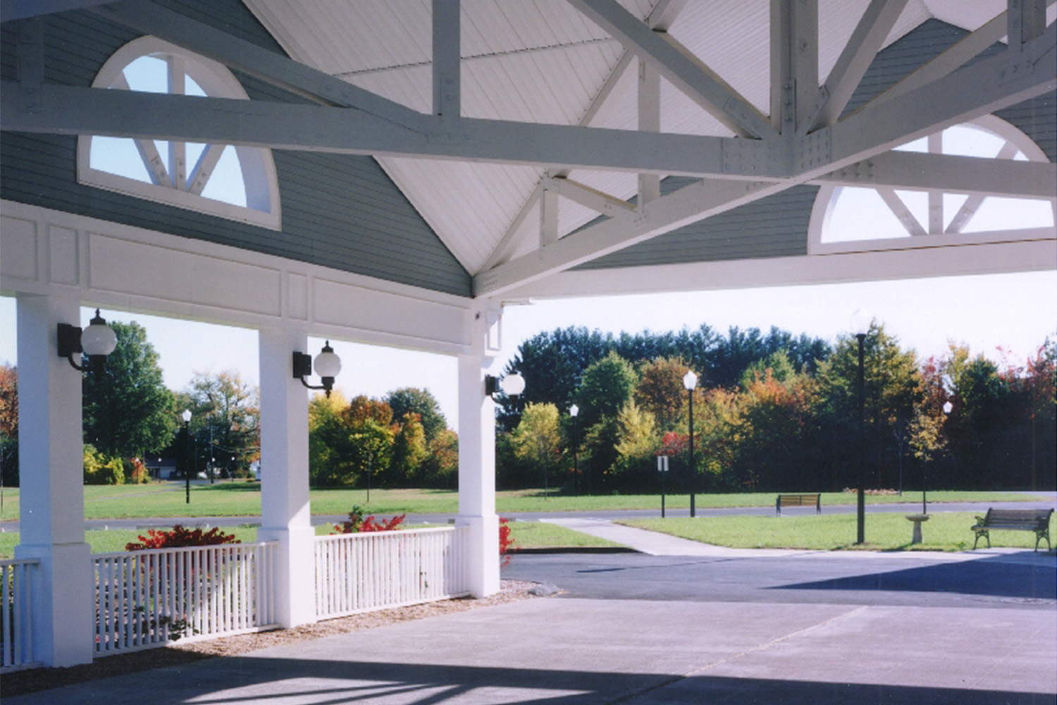 View from under gazebo on a bright sunny day