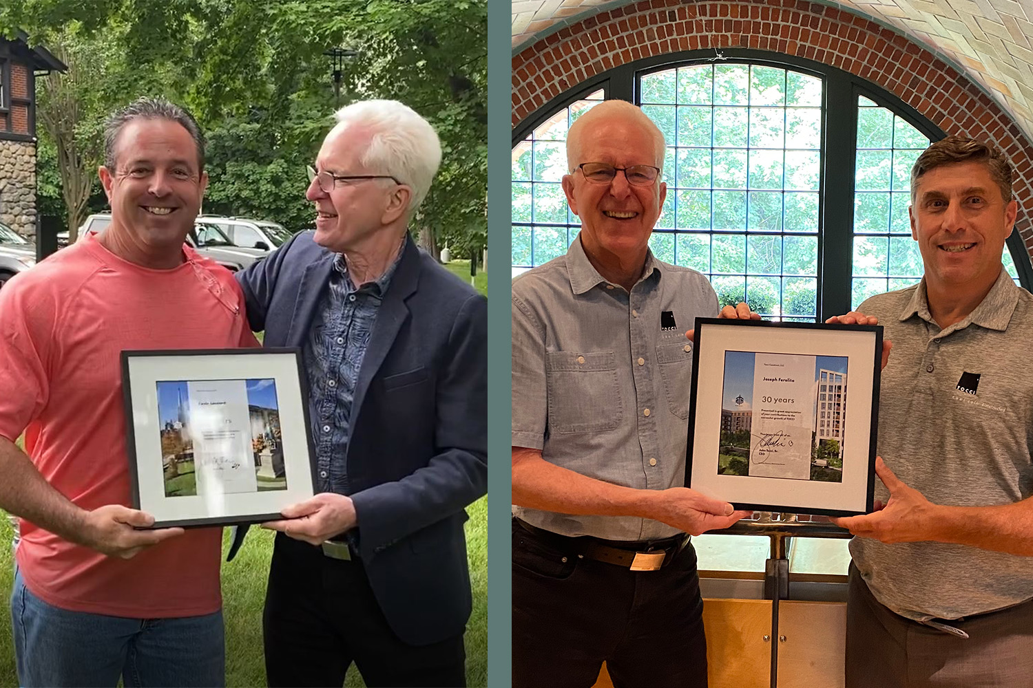 Two images - Kevin Leonard receiving plaque from John Tocci on left, and Joe Ferolito receiving 30th anniversary plaque from John Tocci on right