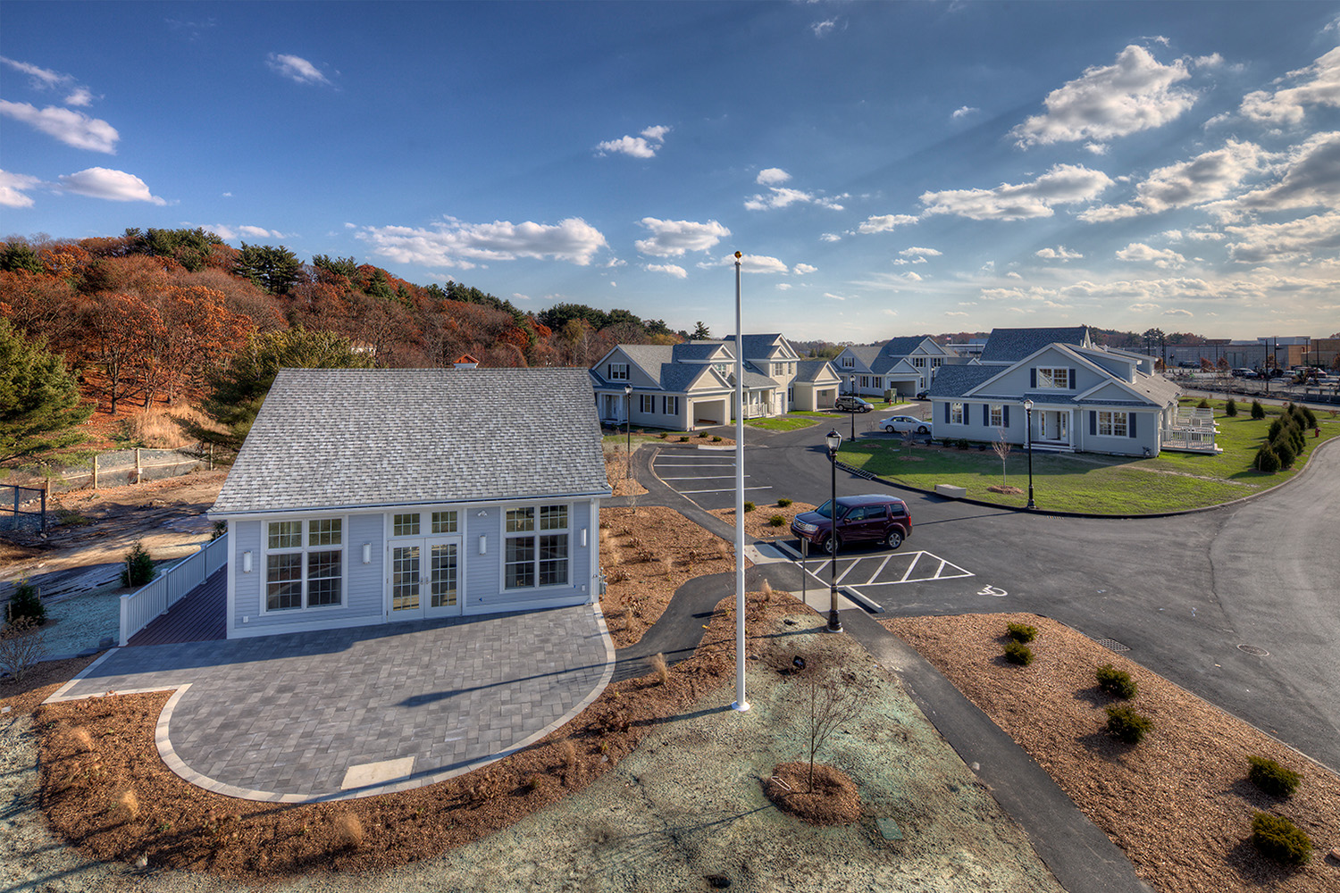 Droneview of the side of a townhouse in Colonial Village 